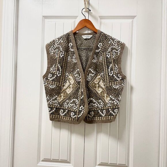 Vintage Made in France Mosaic Wool Vest Brown - Picture 1 of 13